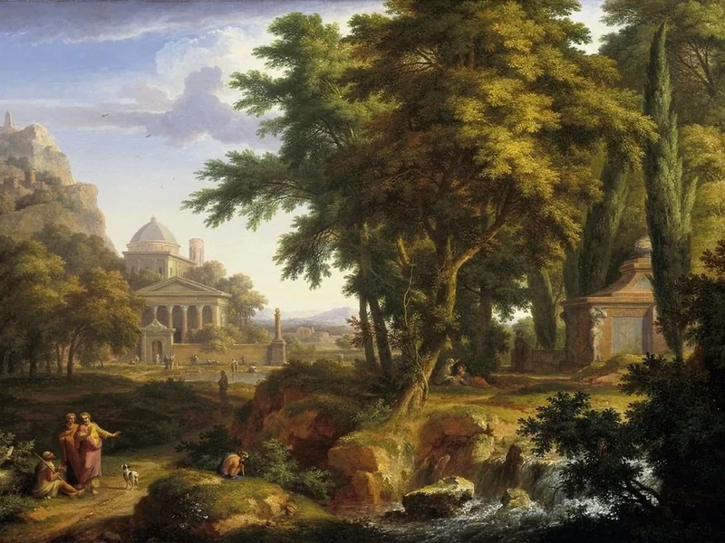1682-Jan van Huysum - Paesaggio arcadico con la guarigione dello storpio da parte dei Santi Pietro e Giovanni - Koninklijk Kabinet van Schilderijen Mauritshuis, L'Aia